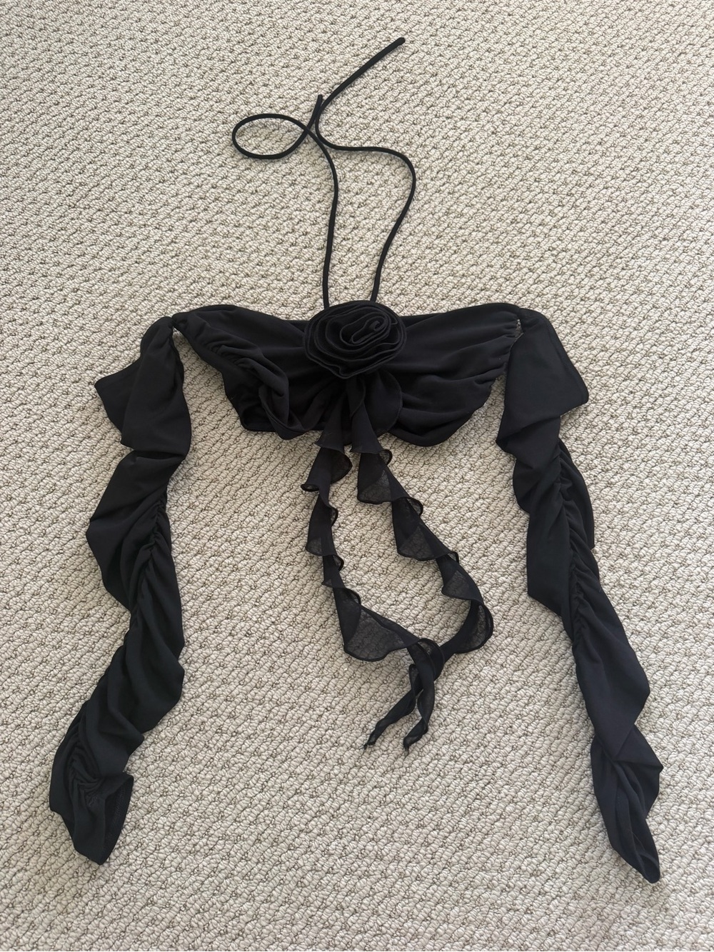 NBD Black Bandeau Halter with Rosette and Long Side Panels